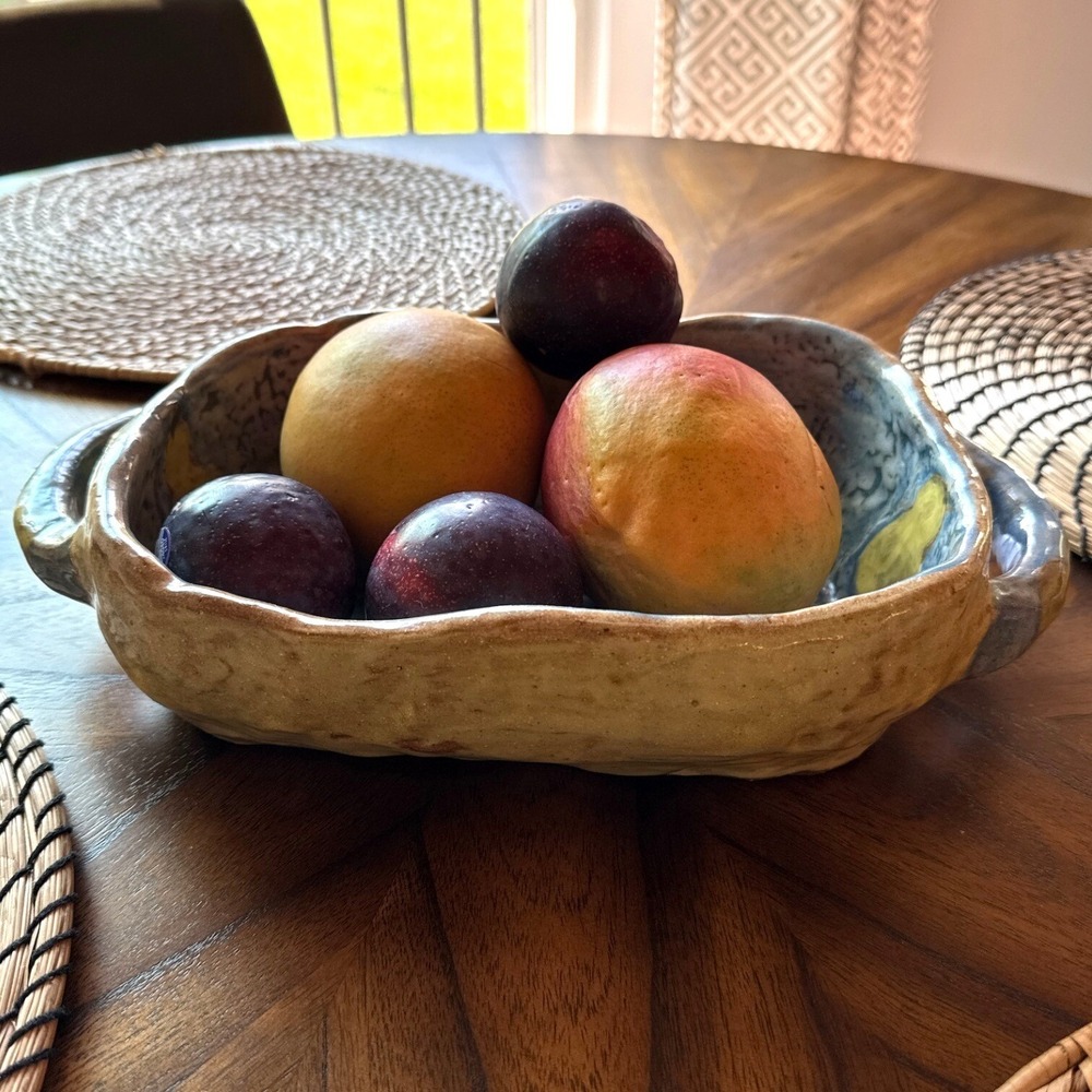 Handmade Studio Pottery Serving Tray Rustic Blue & Yellow Glaze w/Pear Design‎